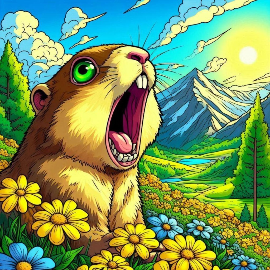 SF世紀末油絵アニメ風、黄緑色発光マーモット