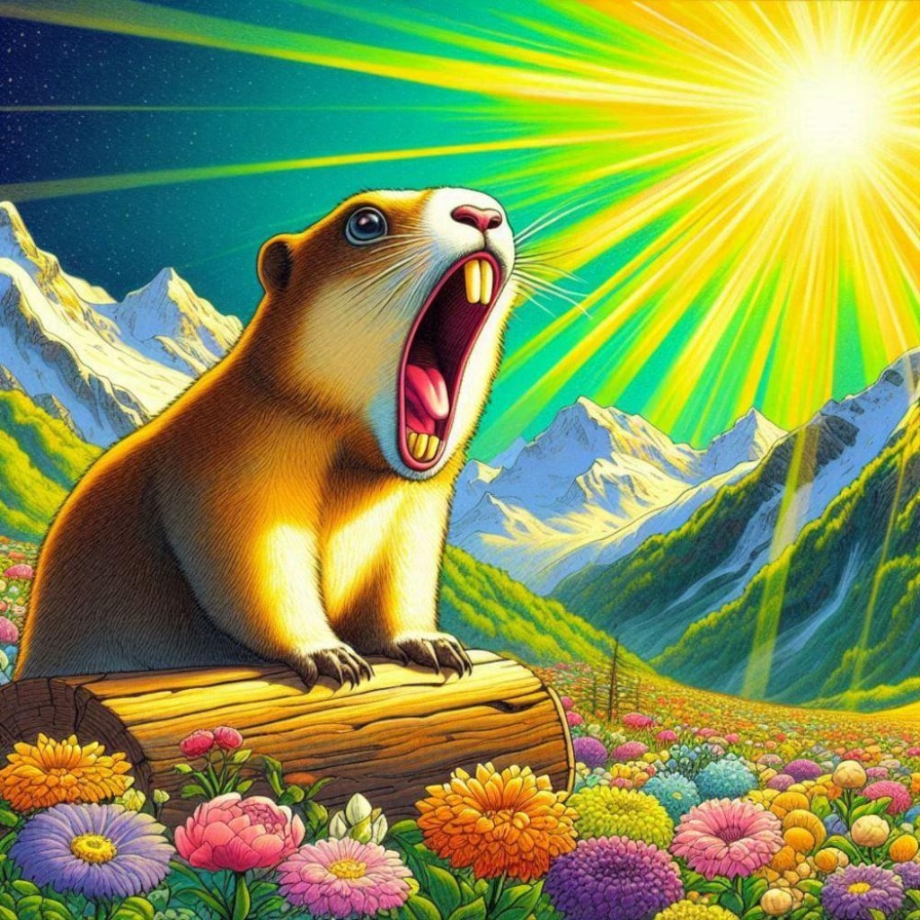 SF世紀末油絵アニメ風、黄緑色発光マーモット