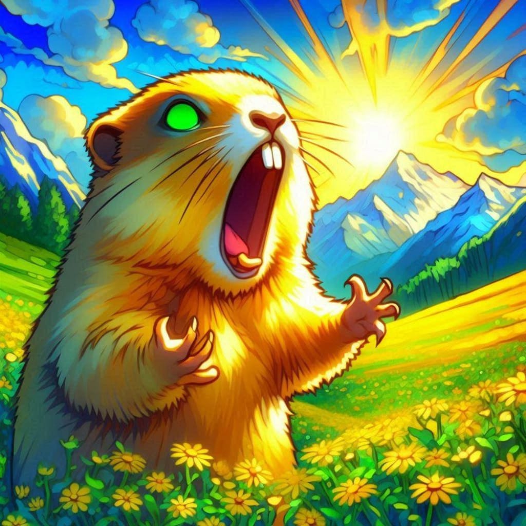 SF世紀末油絵アニメ風、黄緑色発光マーモット