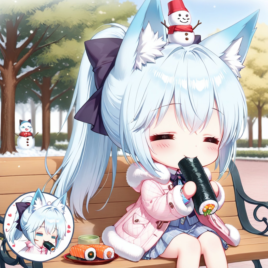 公園でお寿司を食べる青髪ちゃん