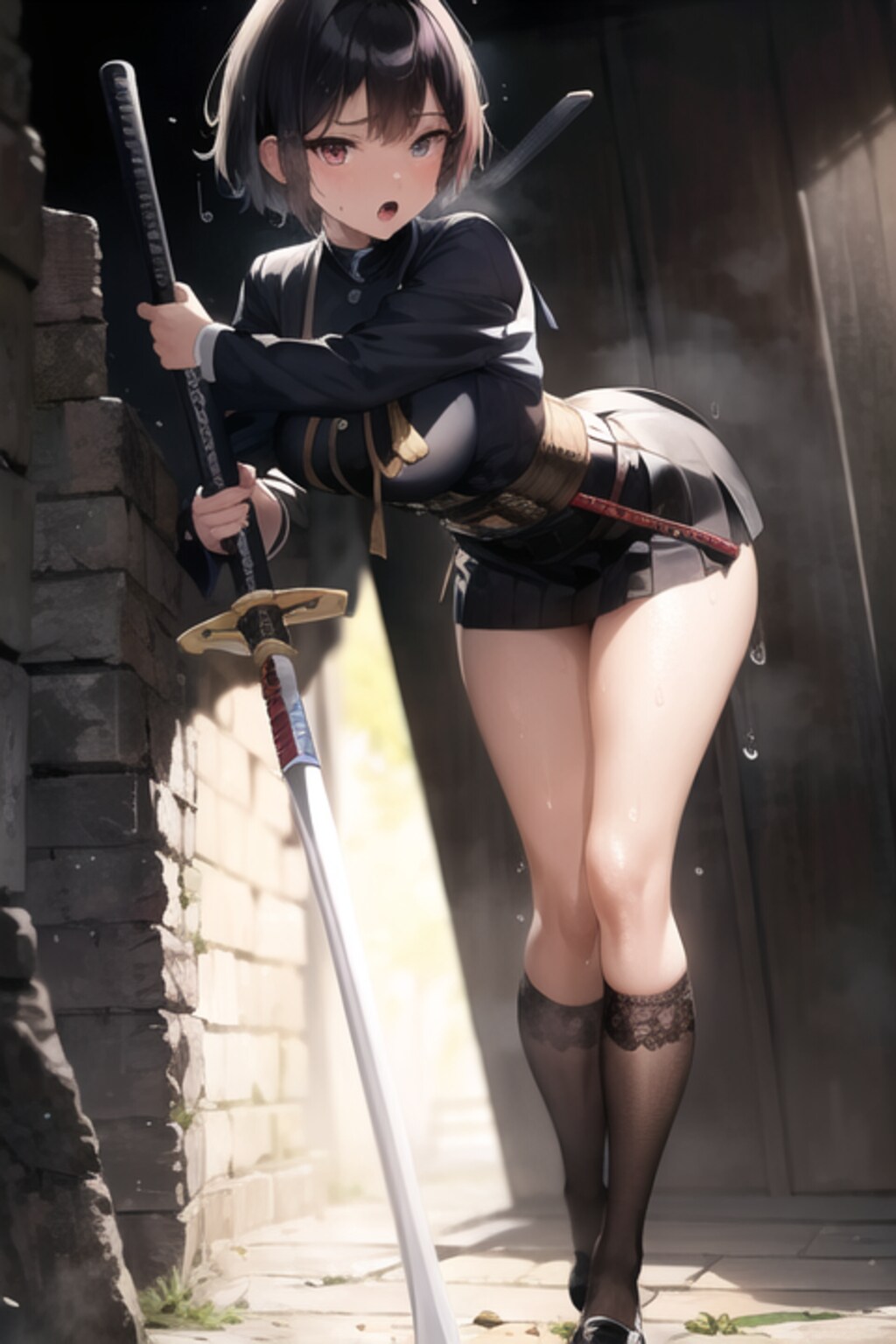 剣をふるう練習しちゃった黒髪ショートJK