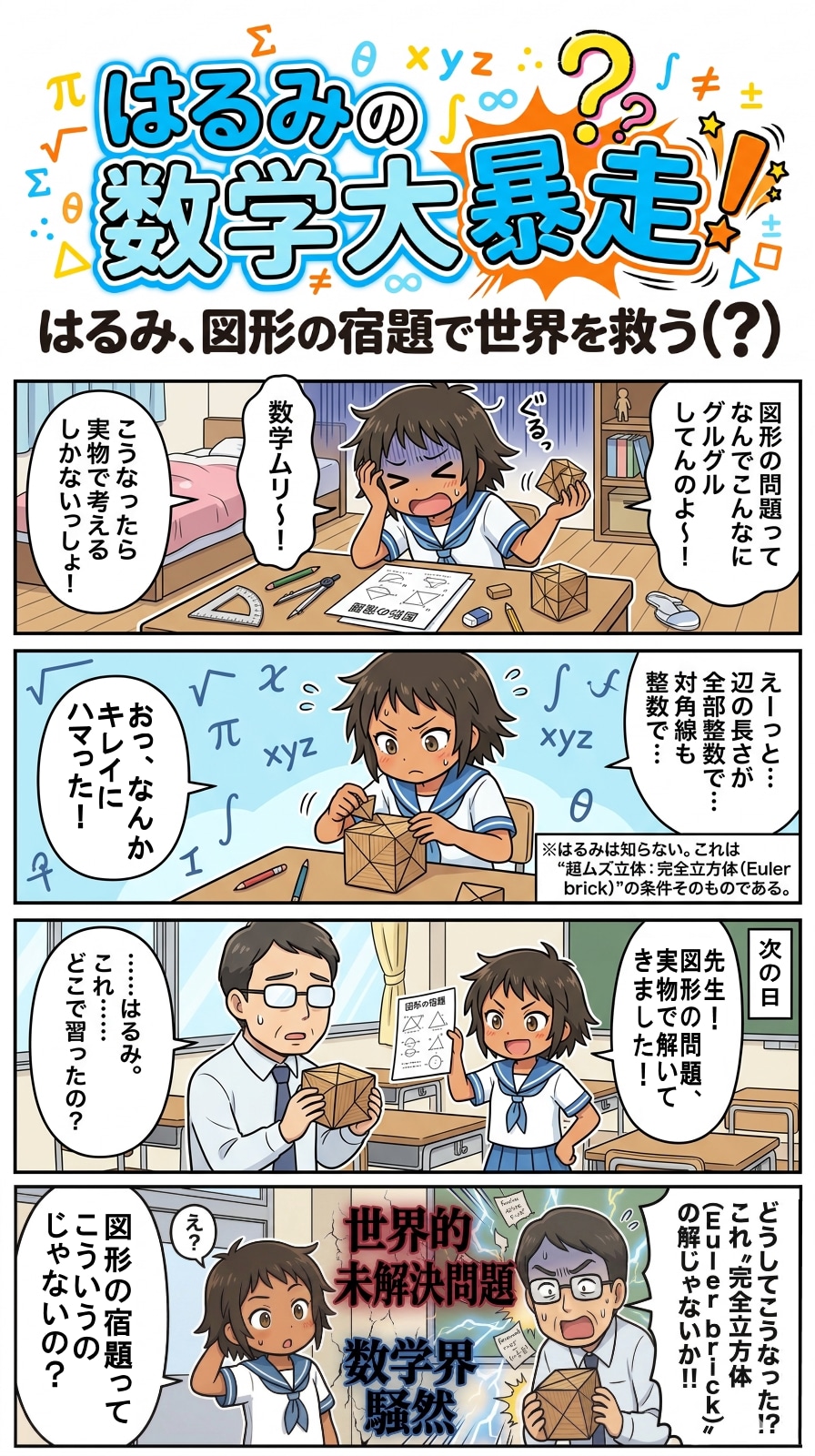 はるみの数学大暴走！はるみ、図形の宿題で世界を救う（？）（四コマ漫画【たた８】３４の１）