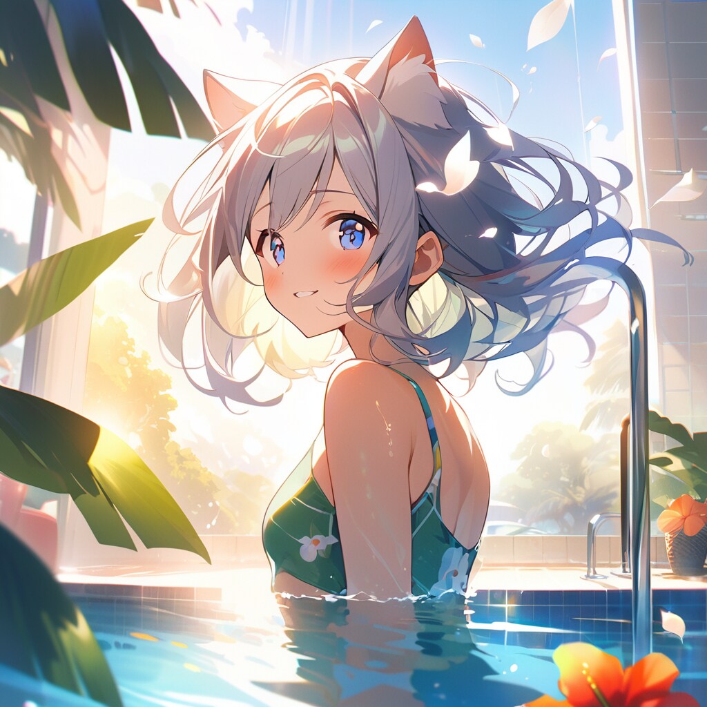 猫耳の緑の水着