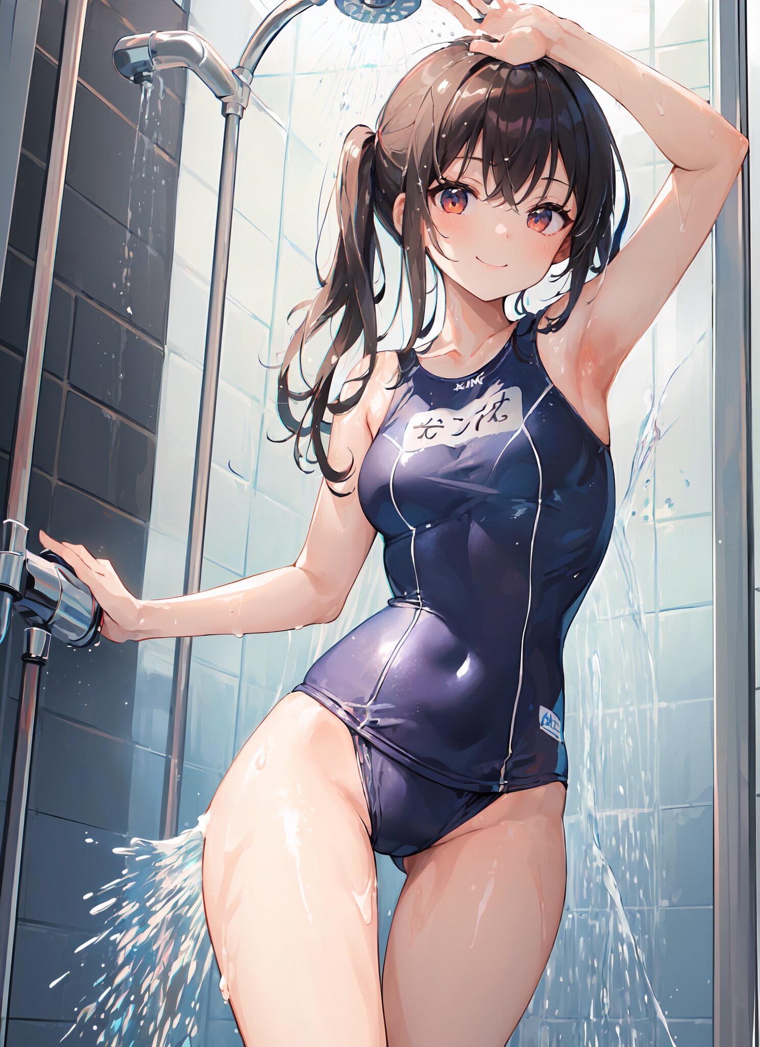 部活終わりにシャワーを浴びる水泳少女