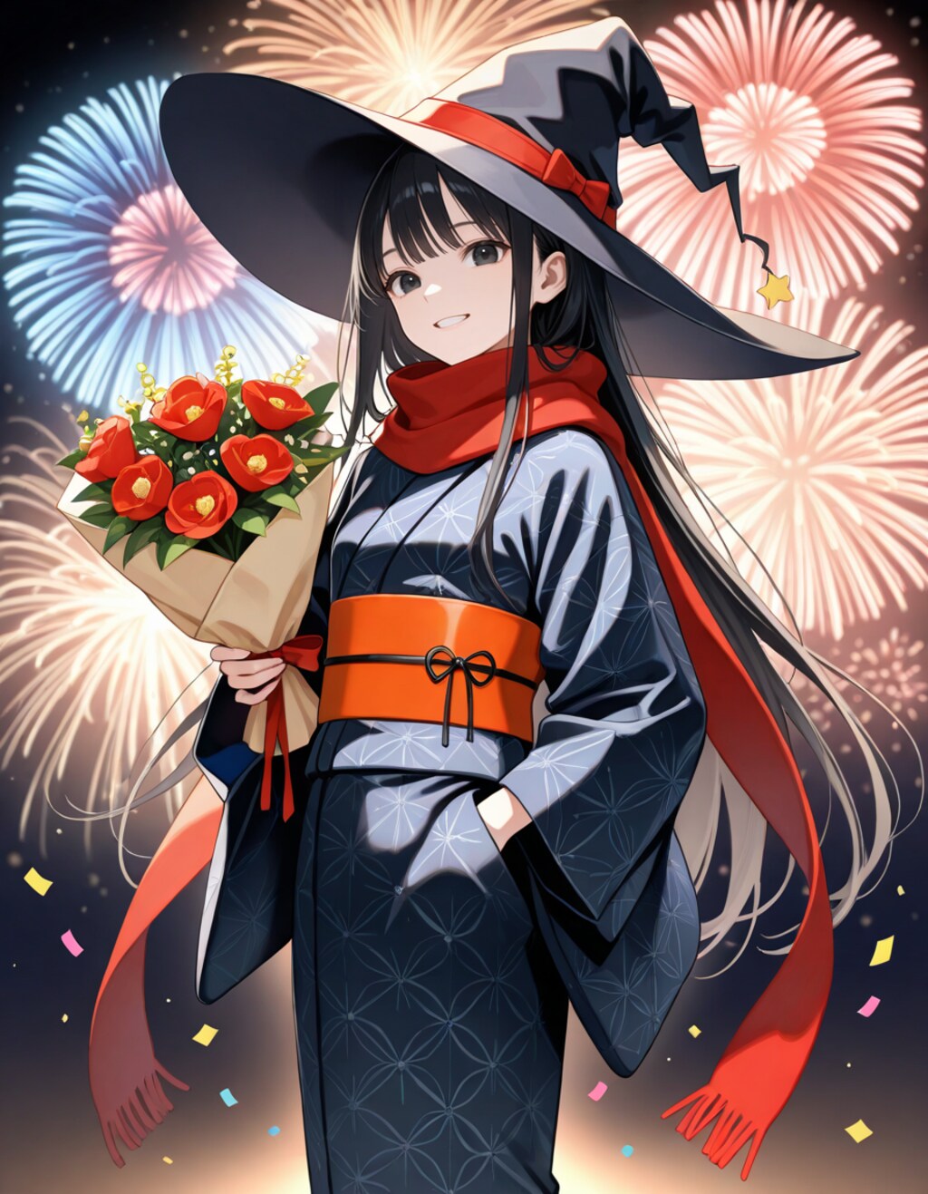 夏祭の花火と浴衣の魔女さん