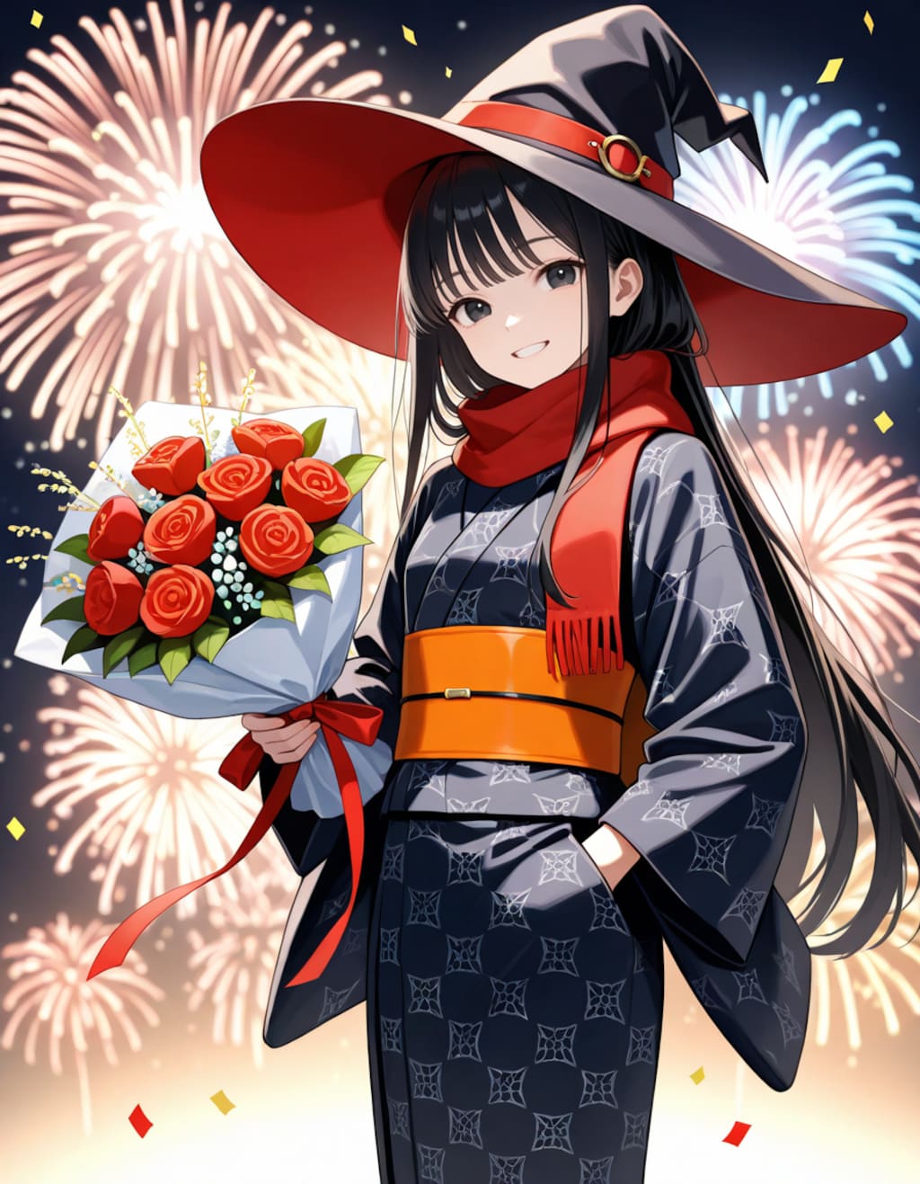 夏祭の花火と浴衣の魔女さん