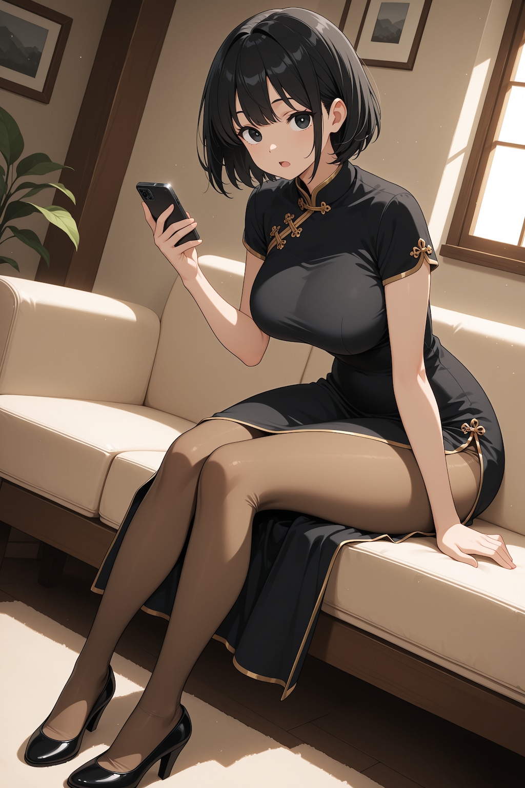 スマホを見るチャイナドレスの由奈さん