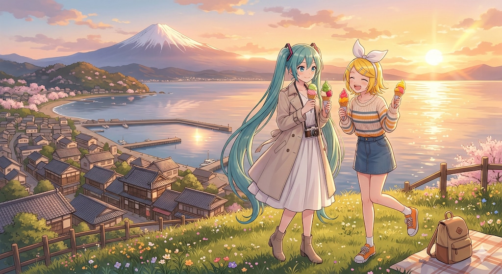 静岡旅行をするミクさんとリンさん