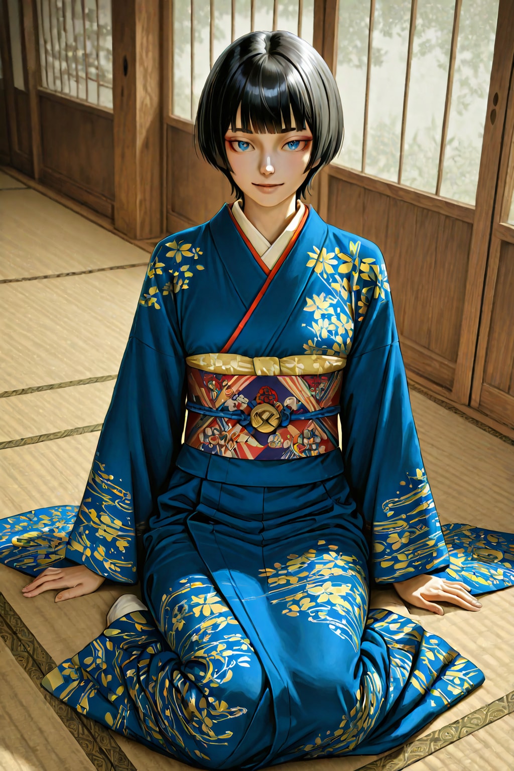 畳に座る着物娘