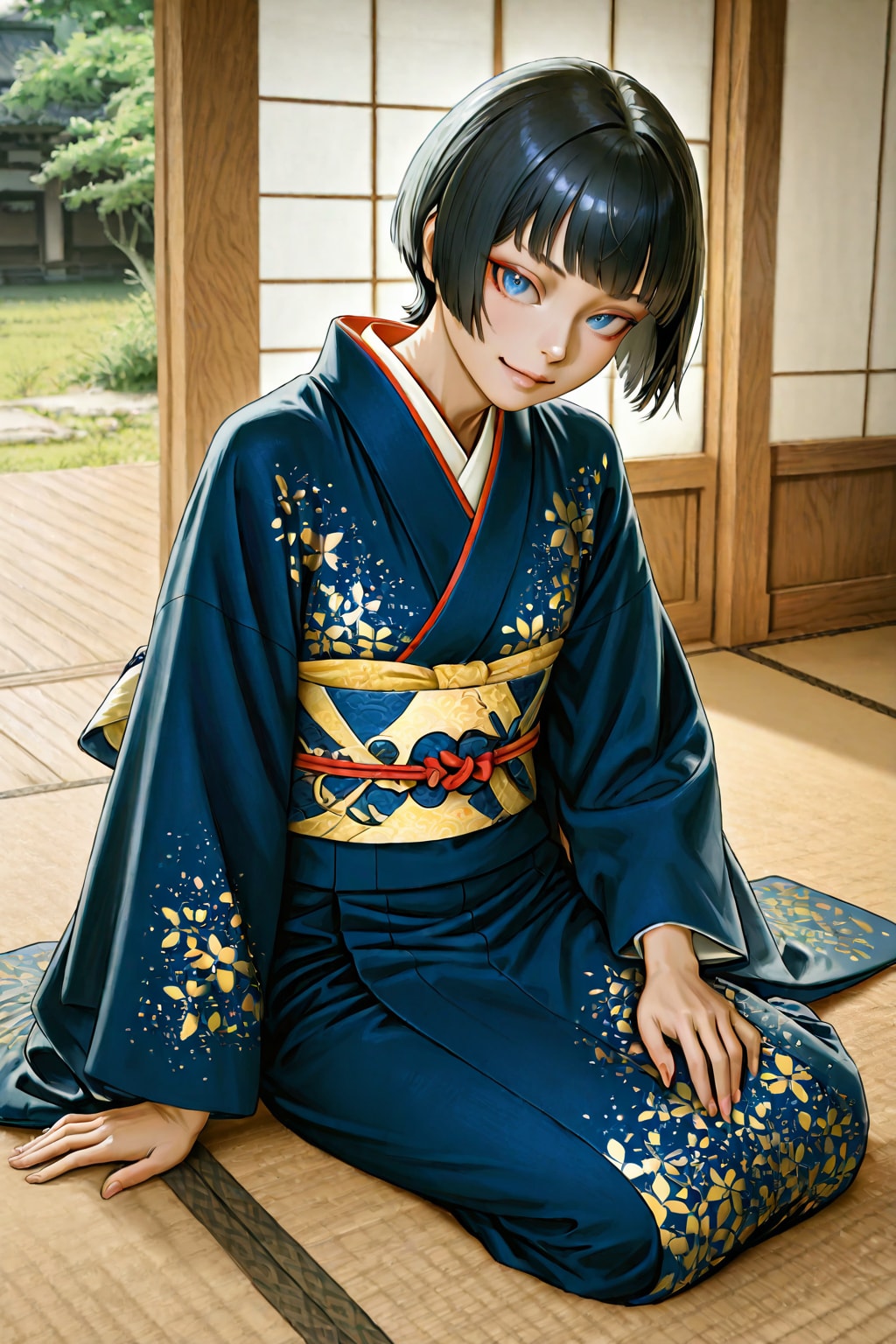 畳に座る着物娘