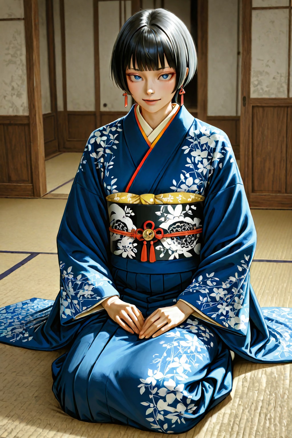 畳に座る着物娘