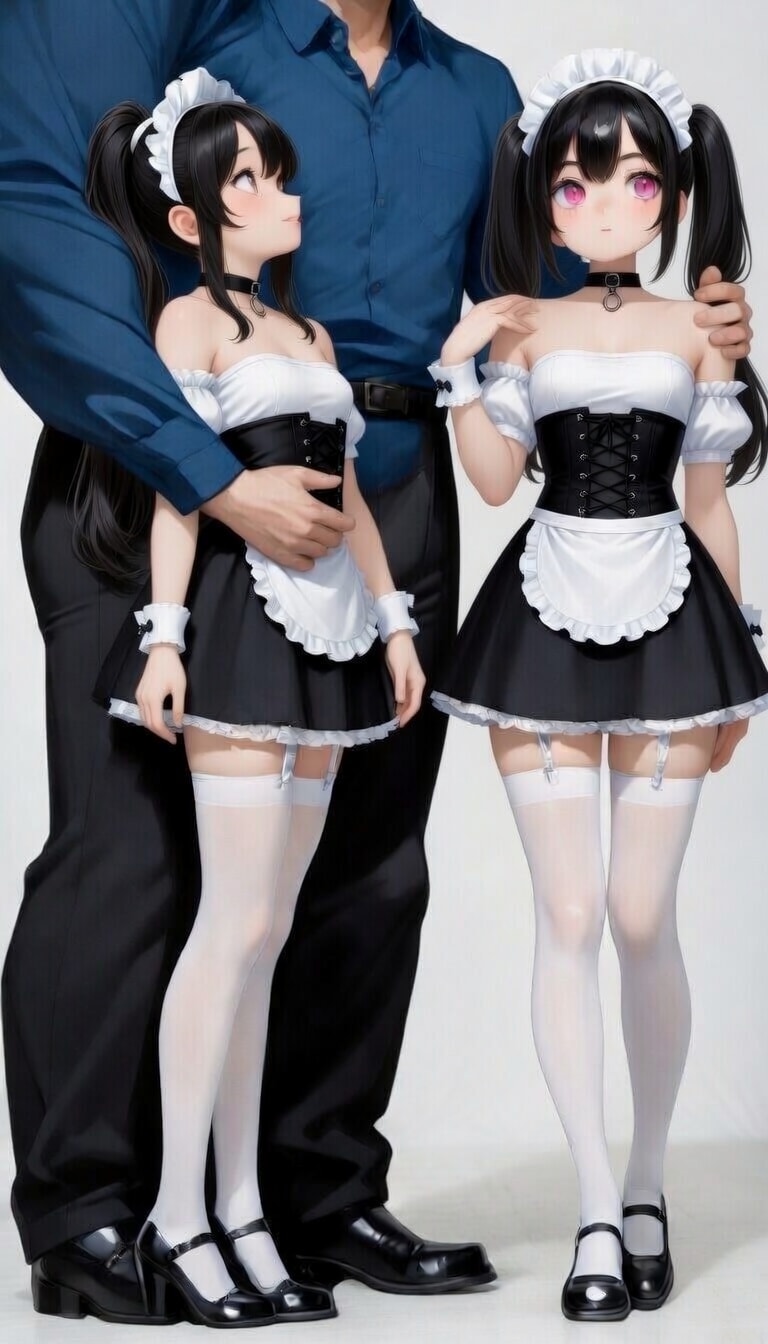 ツインテちゃんとポニテちゃん　ご主人様との体格差