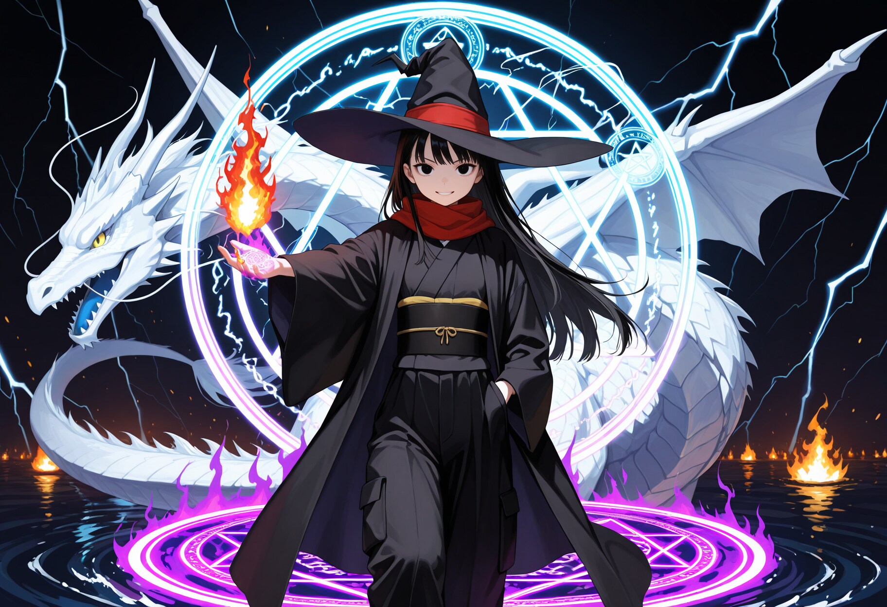 聖なる白竜と複数属性魔法を発動させる魔女さん