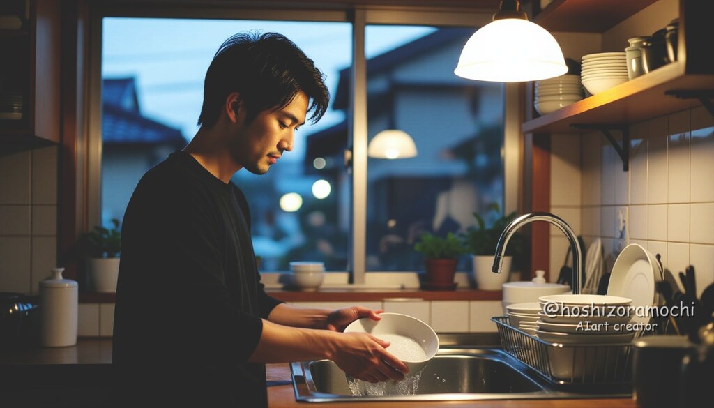 深夜の静寂に響く皿洗いセレナーデ - A dishwashing serenade echoes through the silence of the night