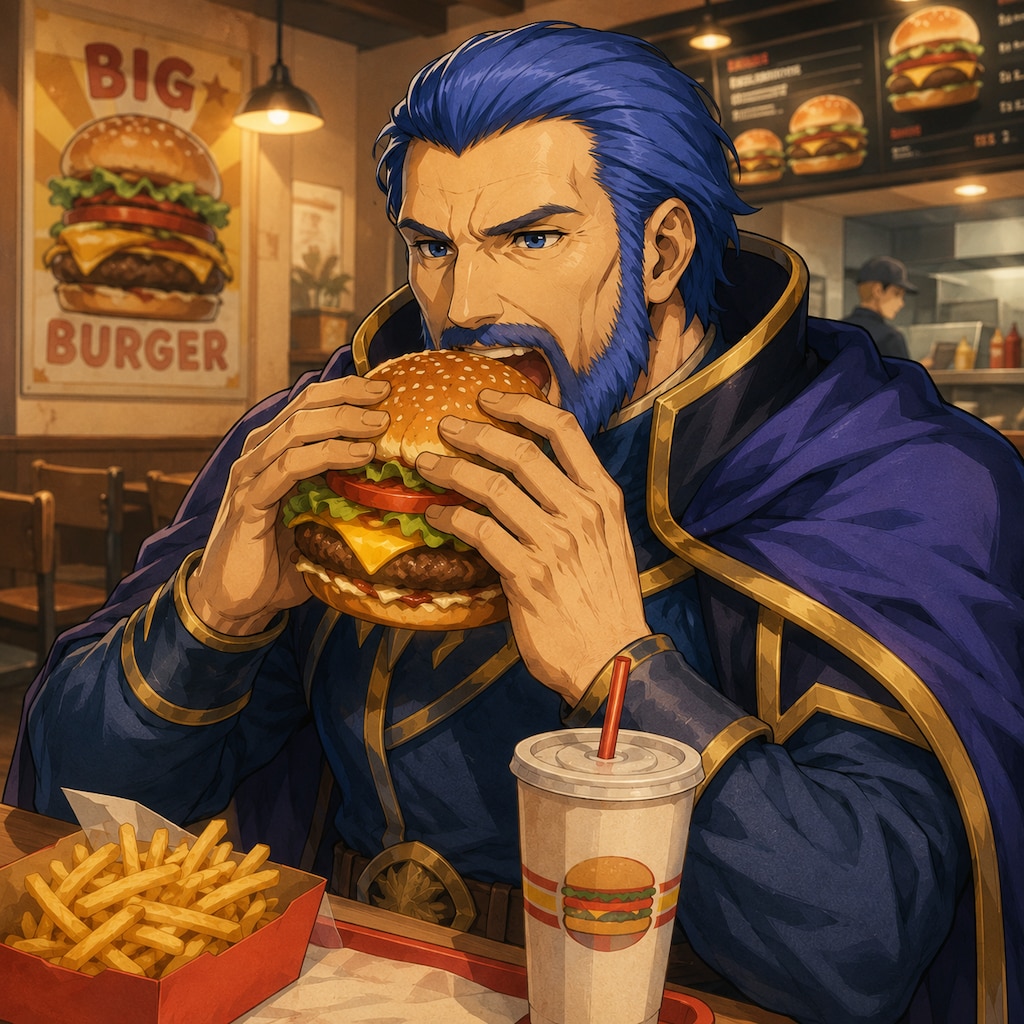 【ChatGPTで生成】ハンバーガーを食べる封印ヘクトル【非公式のファンアート】