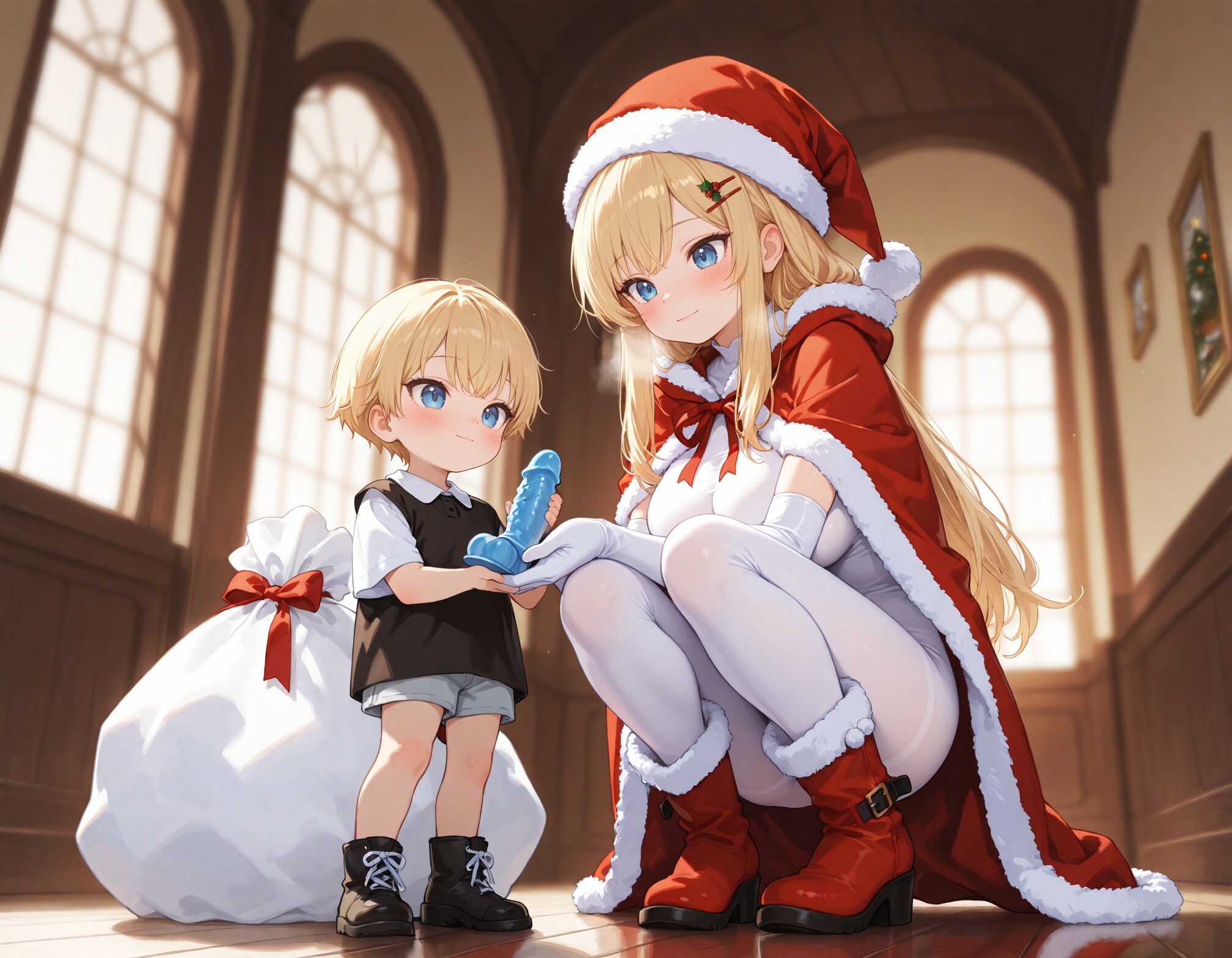 プレゼントを渡す全身タイツのサンタ少女
