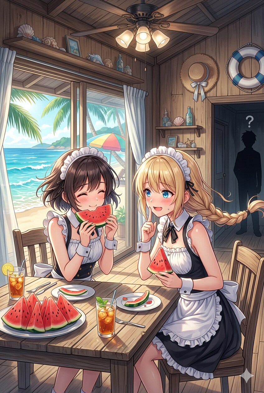 ご主人様にないしょでスイカを食べてる海辺のノースリーブメイド | の人気AIイラスト・グラビア