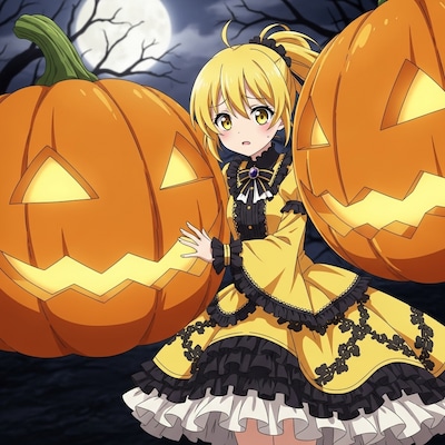 南瓜に挟まれる 黄ぽにちゃん