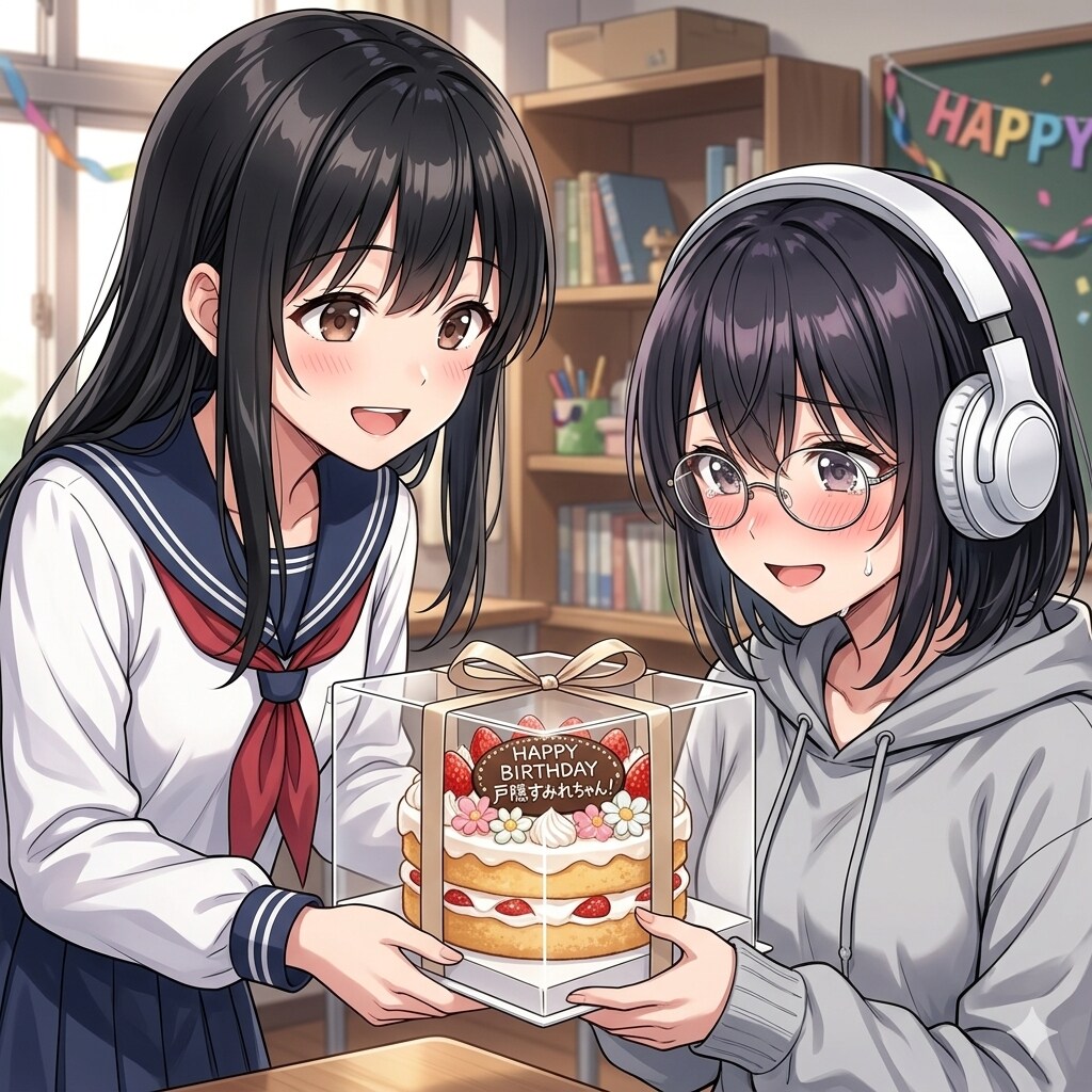 【FA御礼】黒髪ちゃんからケーキを貰うすみれちゃん | の人気AIイラスト・グラビア