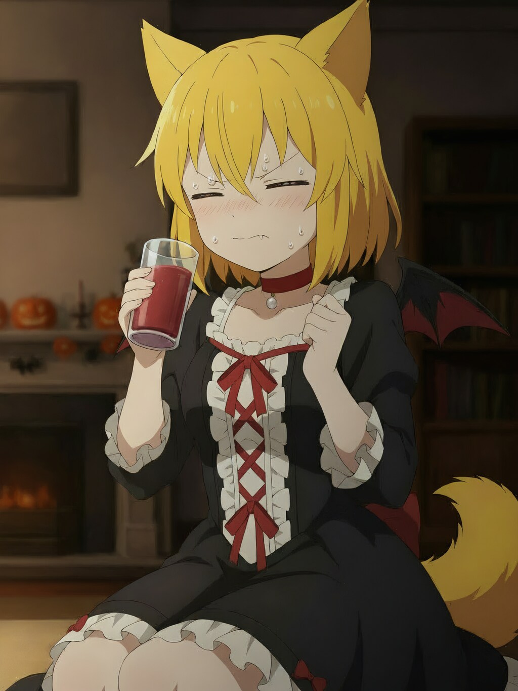 吸血鬼をイメージした衣装を着てみたのでせっかくだから雰囲気を盛り上げるために普段は苦手で口にしないトマトジュースを用意し血液に見立ててゴクリと一口飲んでみたもののその瞬間まごうことなきトマトの味…