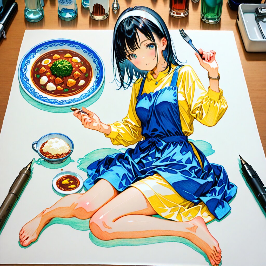 絵に描いた食べ物と少女