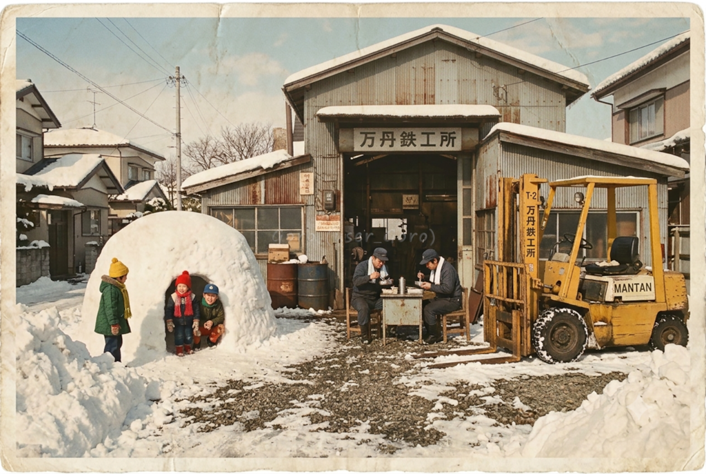 町工場の昼、雪の翌日
