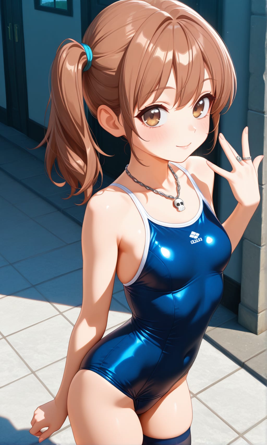 ドクロのネックレスをつけるスク水サイドポニー女子