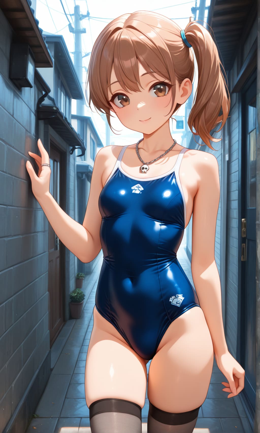 ドクロのネックレスをつけるスク水サイドポニー女子