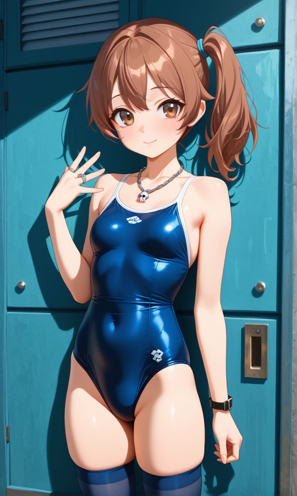 ドクロのネックレスをつけるスク水サイドポニー女子