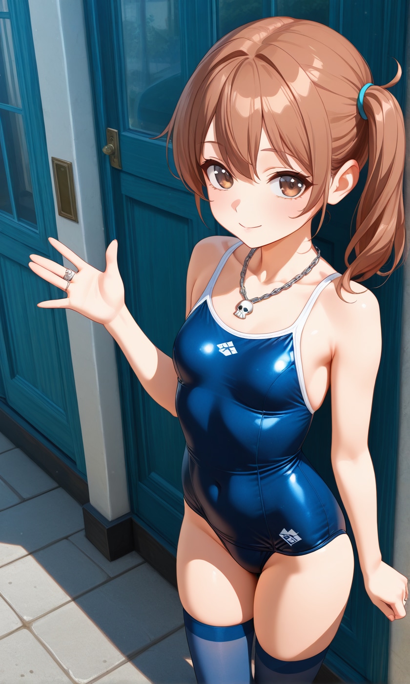 ドクロのネックレスをつけるスク水サイドポニー女子