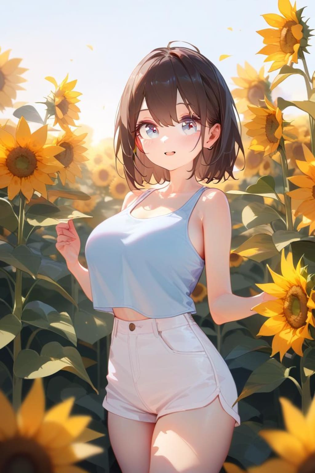 ヒマワリの花に囲まれて