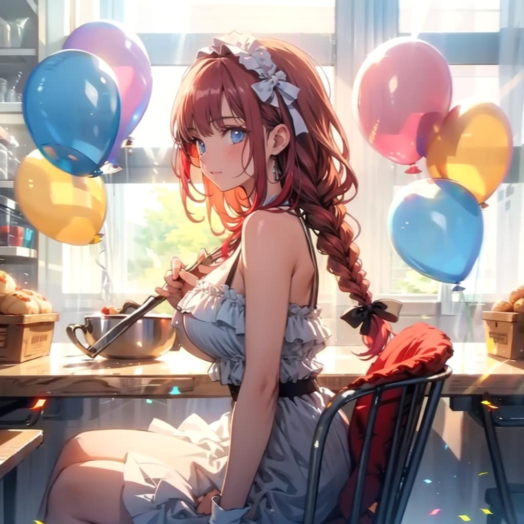 いっぱい色とりどりの風船を持つ赤い髪三つ編みロングのパティシエの美女