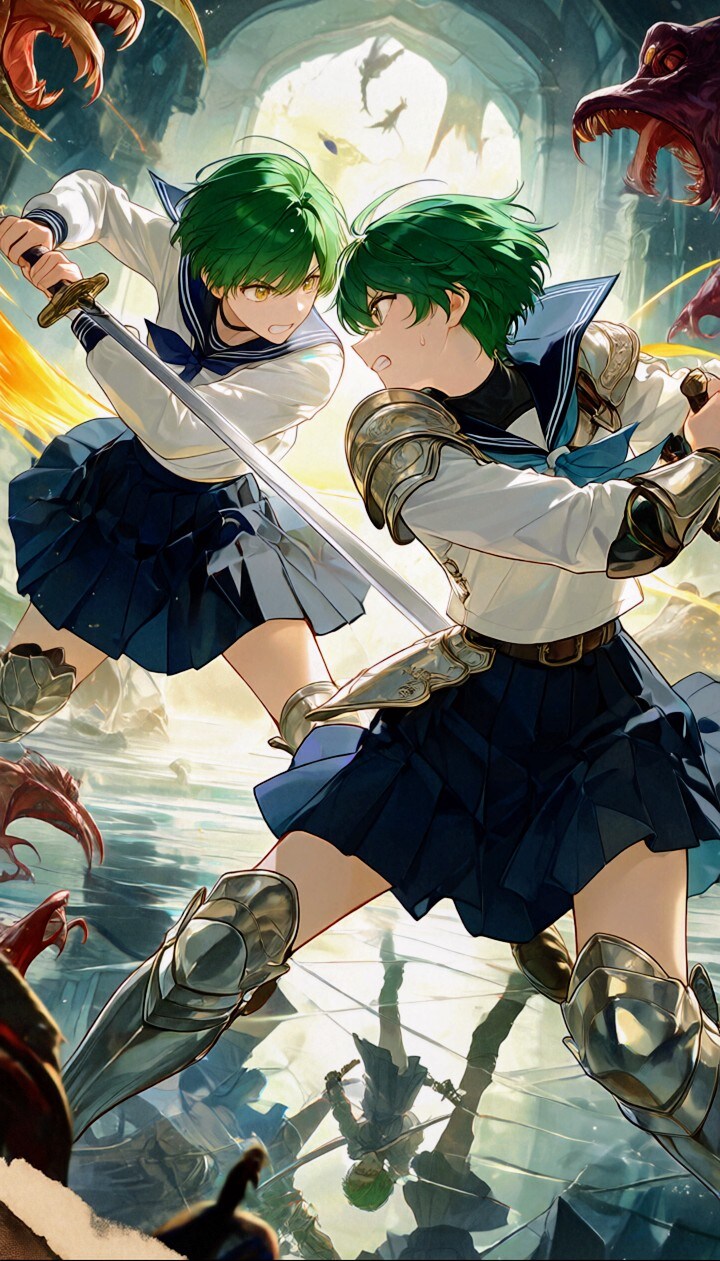 異世界のダンジョンで､　　　　　　　　　　　　　　　　　共闘する双子の緑髪姉妹達🍏💥 | の人気AIイラスト・グラビア