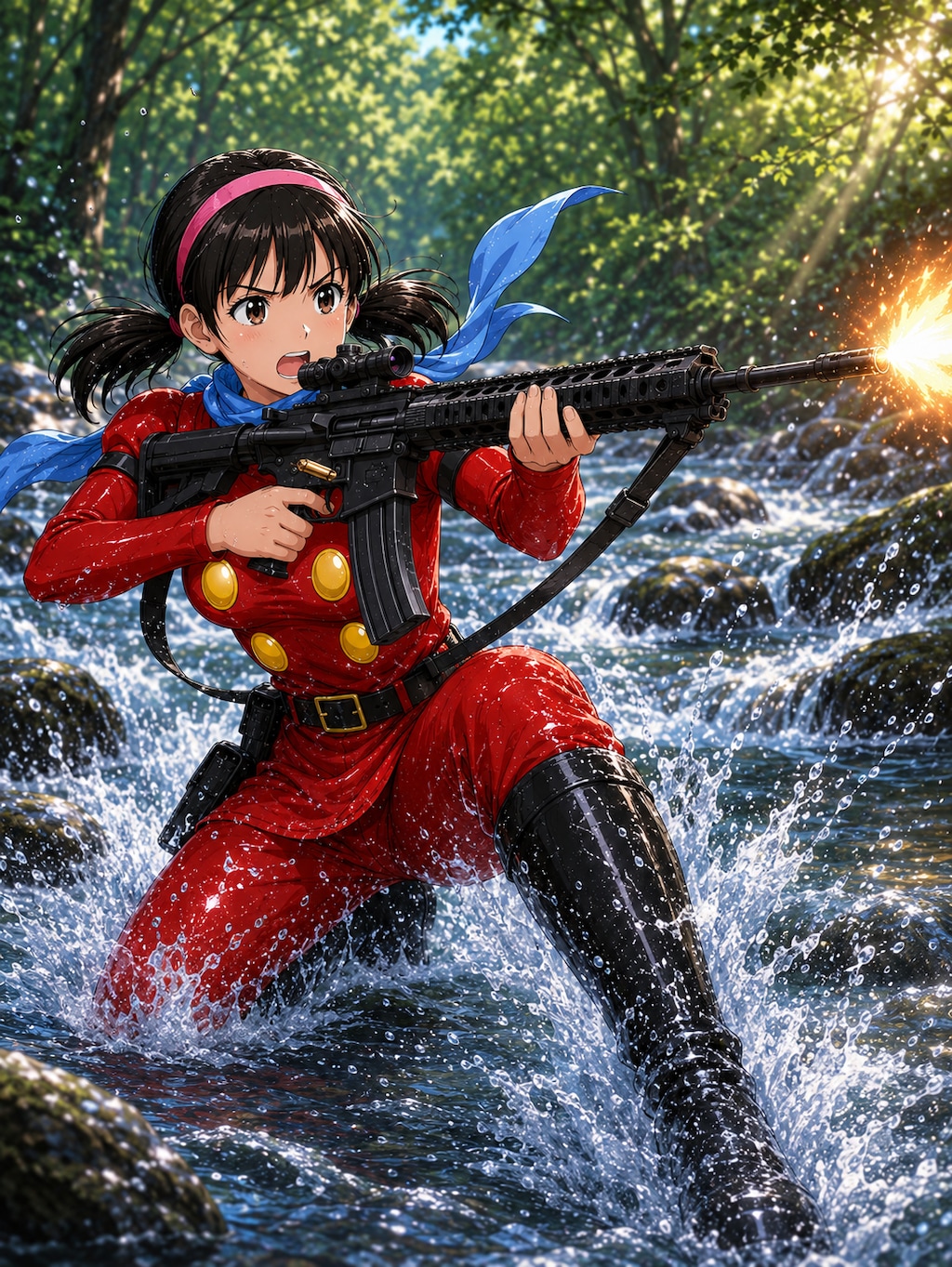 川を駆けるサイボーグの女戦士です