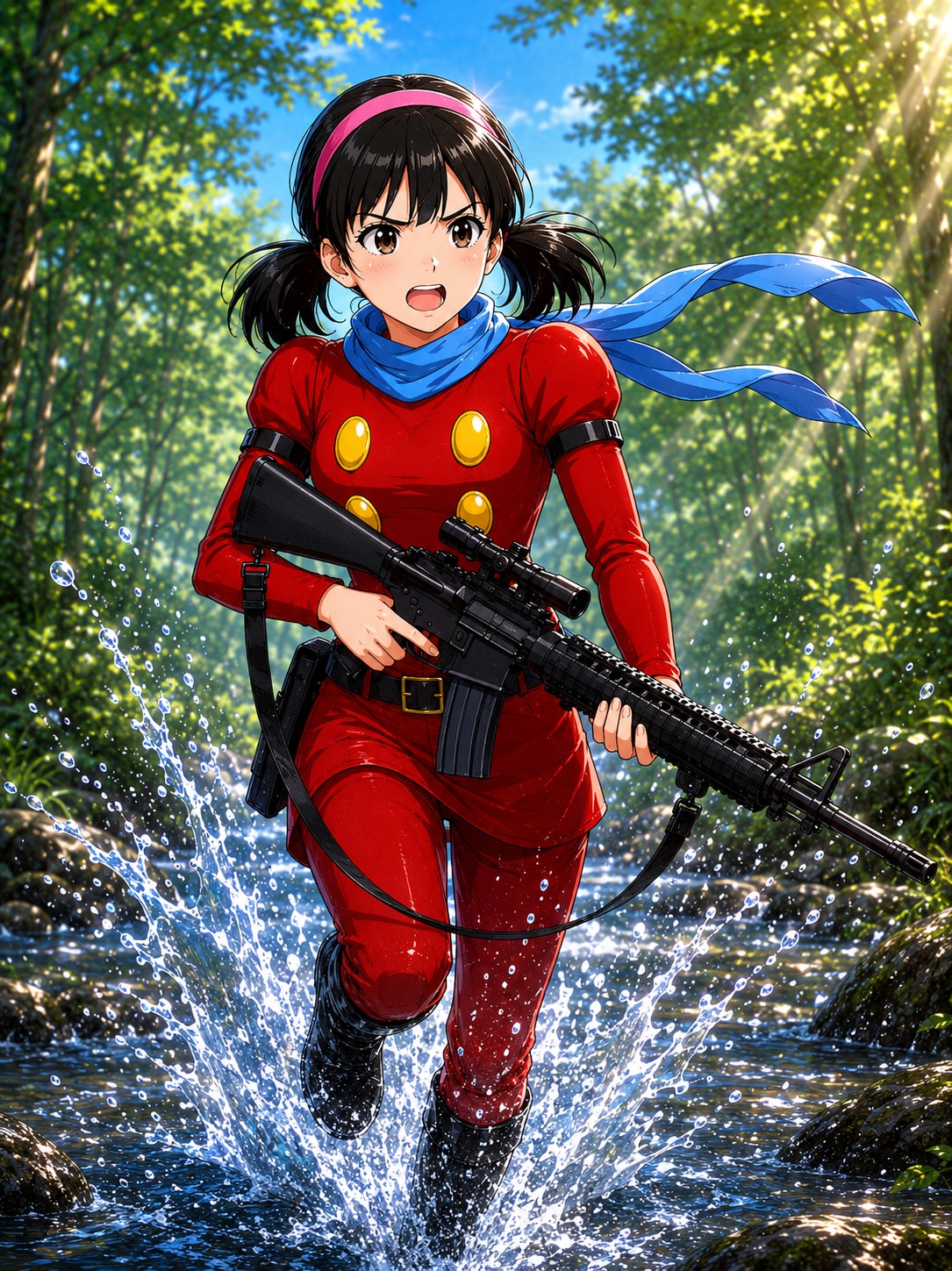 川を駆けるサイボーグの女戦士です