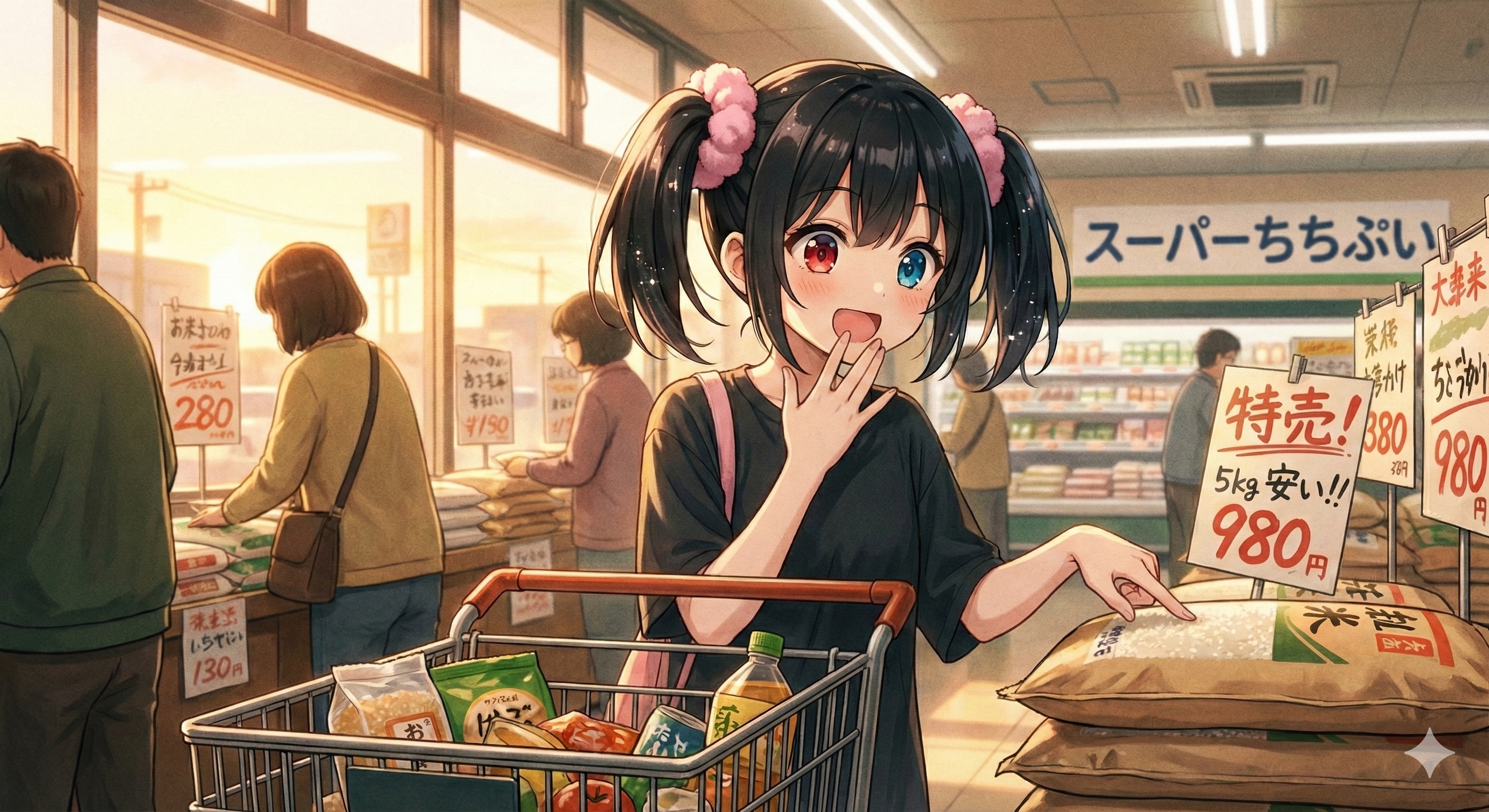 超激安特売米を見ているアケちゃん | の人気AIイラスト・グラビア