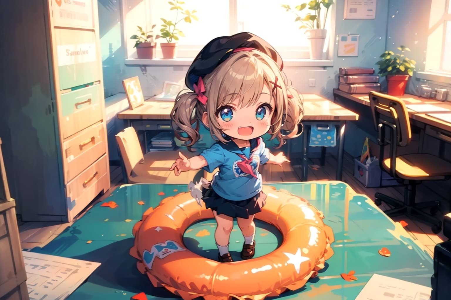 (put on a swim ring), (One lifebuoy),『ちびちゃんのお気に入り色の浮き輪』。