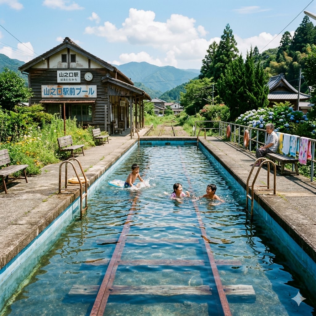 田舎の廃駅プール | の人気AIイラスト・グラビア