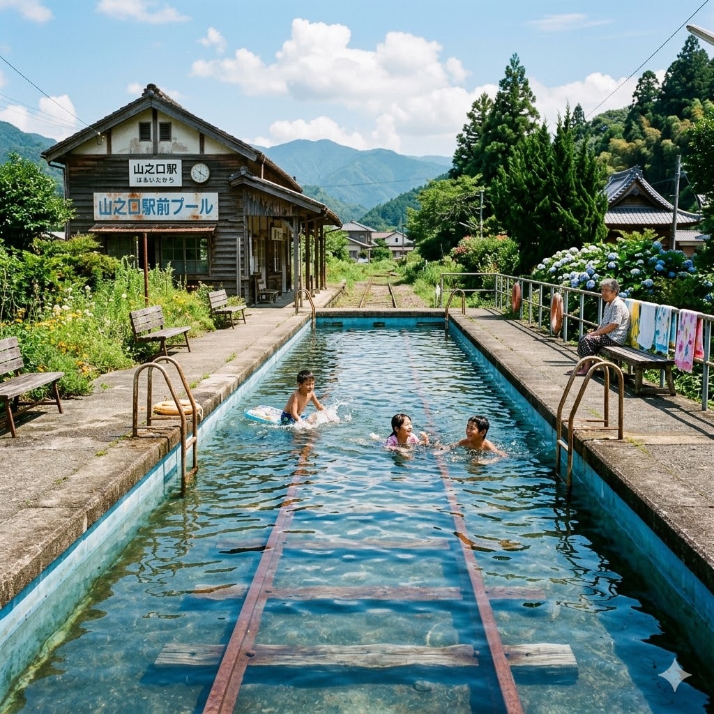 田舎の廃駅プール
