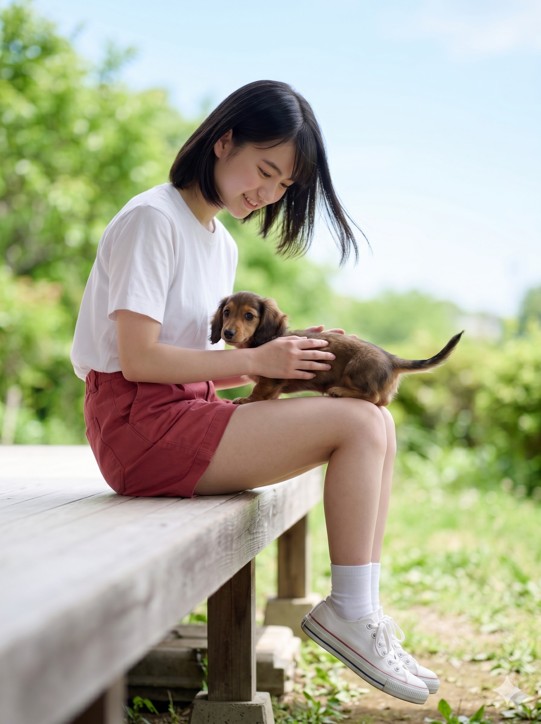 普通の美少女　縁側とミニチュアダックスフンド