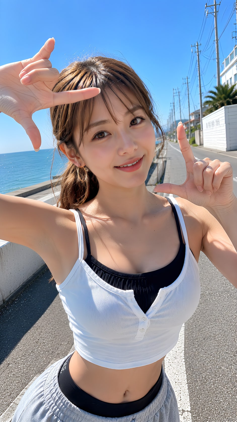 海沿いで魅せる健康美と胸元の誘惑