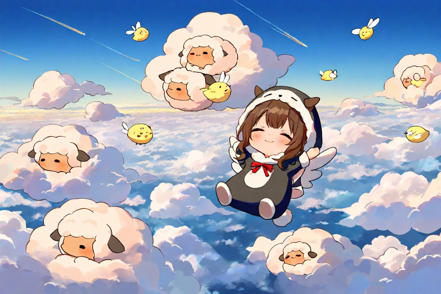謎着ぐるみ少女と空飛ぶ羊とヒヨコの軍勢 | の人気AIイラスト・グラビア