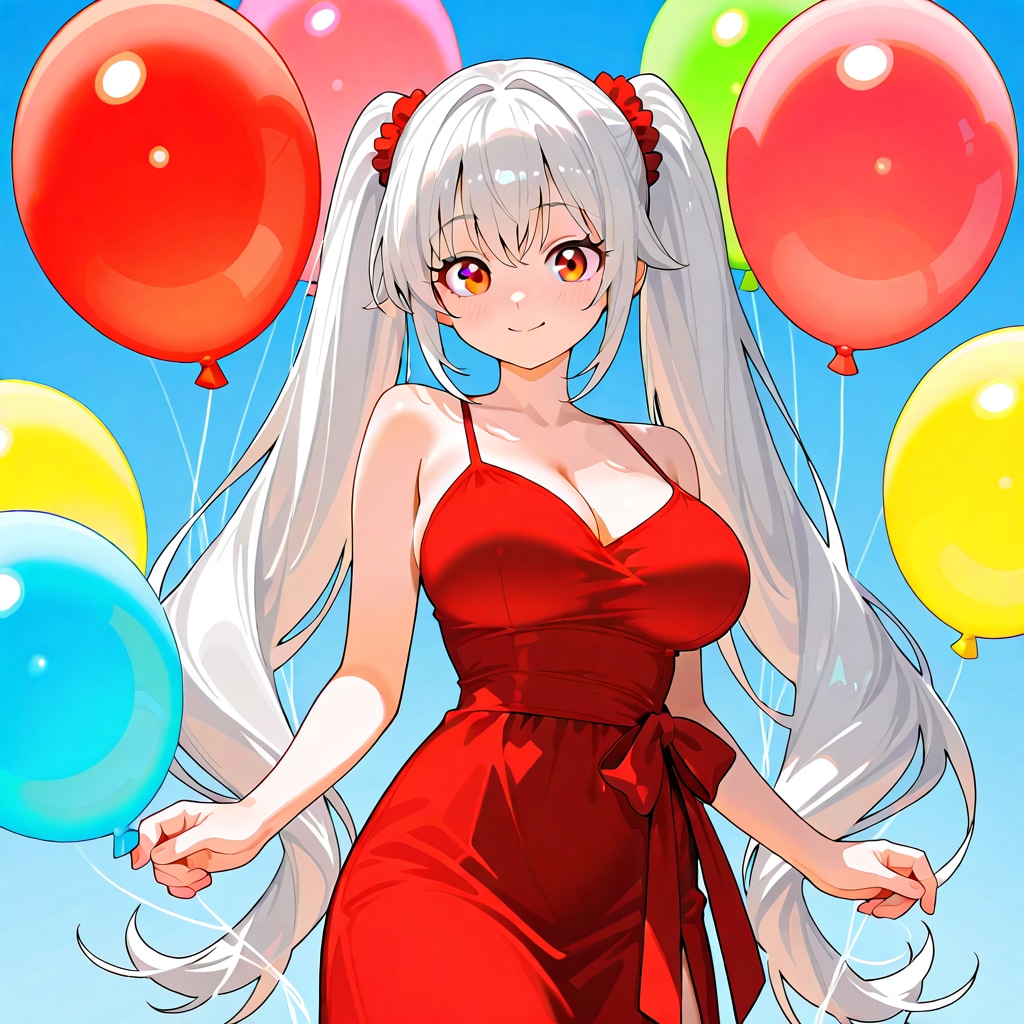 いっぱい色とりどりの風船を持つ白い髪ロングツインテールの赤いドレス着た美女