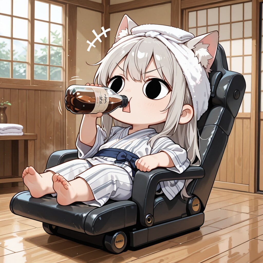 猫耳猫モードで温泉上がりに珈琲牛乳で寛ぐ猫耳えらいこっちゃ嬢