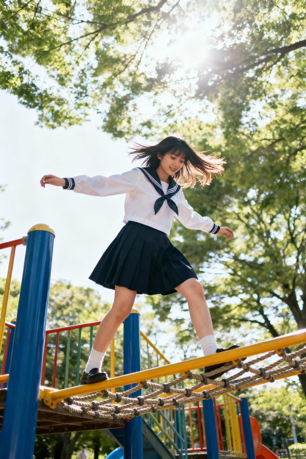 アスレチックで遊ぶ女子