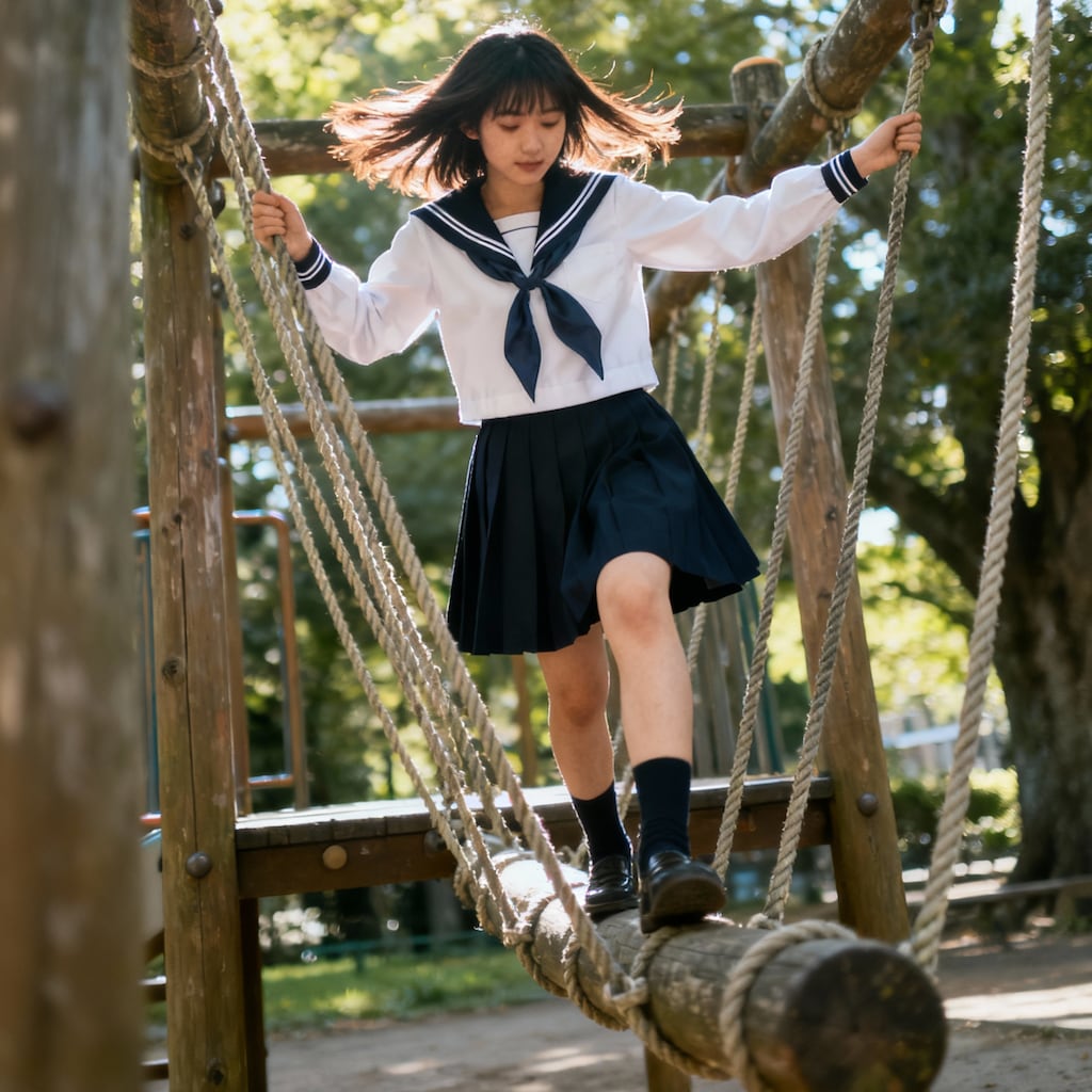 アスレチックで遊ぶ女子