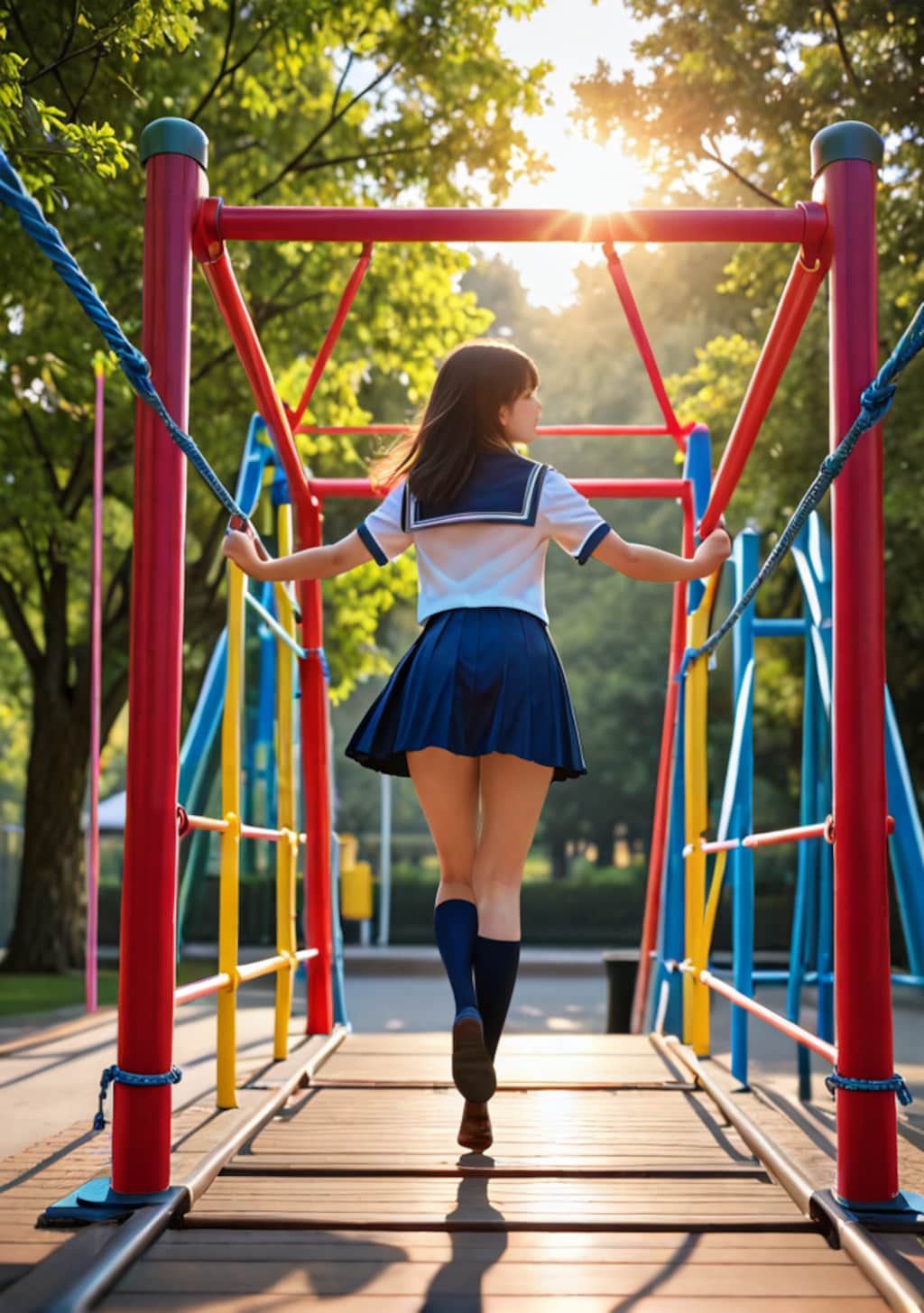 アスレチックで遊ぶ女子