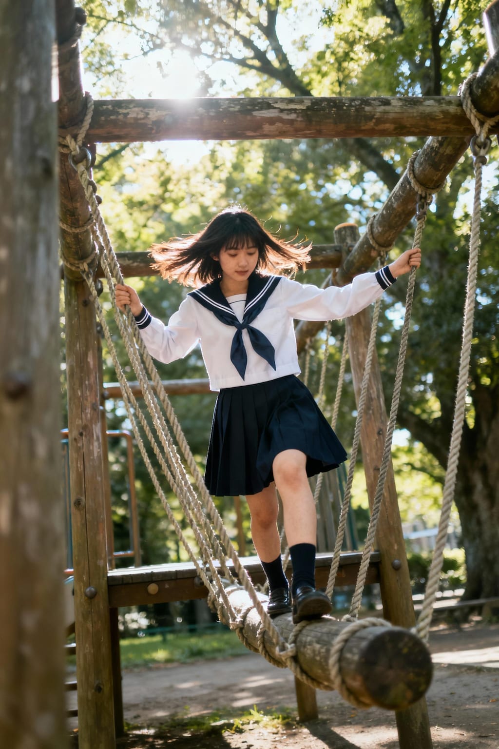 アスレチックで遊ぶ女子