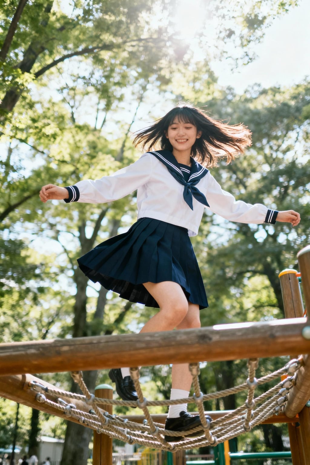 アスレチックで遊ぶ女子