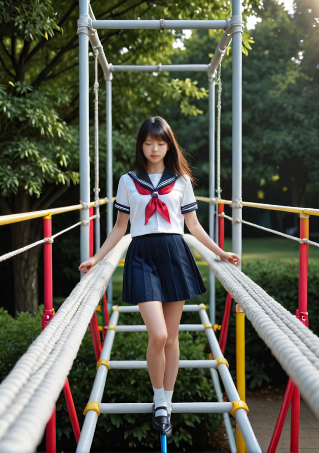 アスレチックで遊ぶ女子